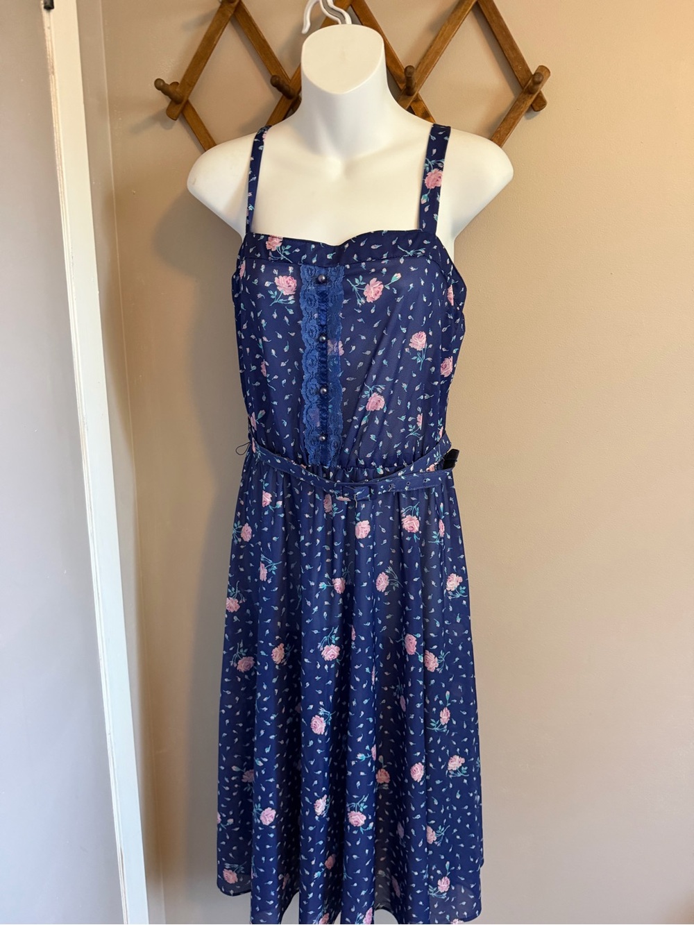 Sears Vintage Floral Lace Sheer Capelet Sundress Belted Navy Blue M - Picture 5 of 8